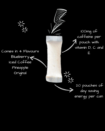 Illustration of a energy drink stick with text detailing caffeine content, flavors, and health benefits on a black background.